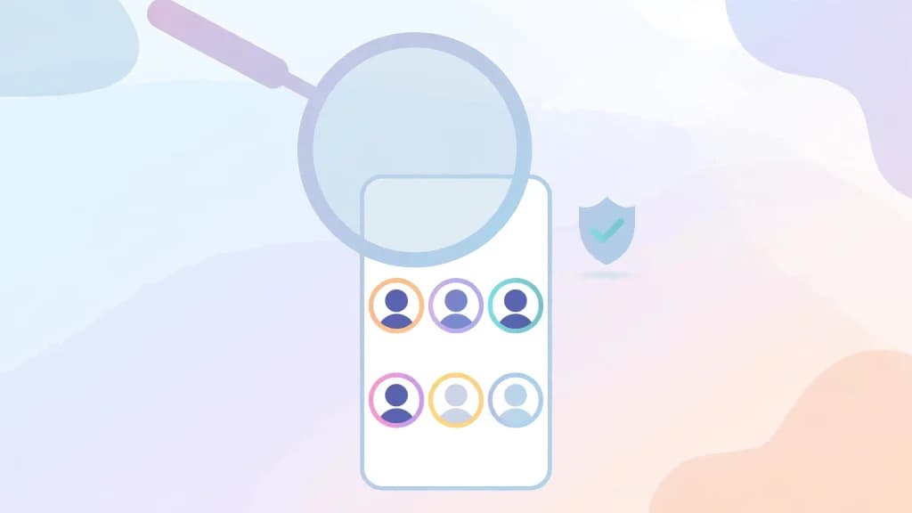 Illustration of a magnifying glass over Instagram story viewer avatars with a privacy shield