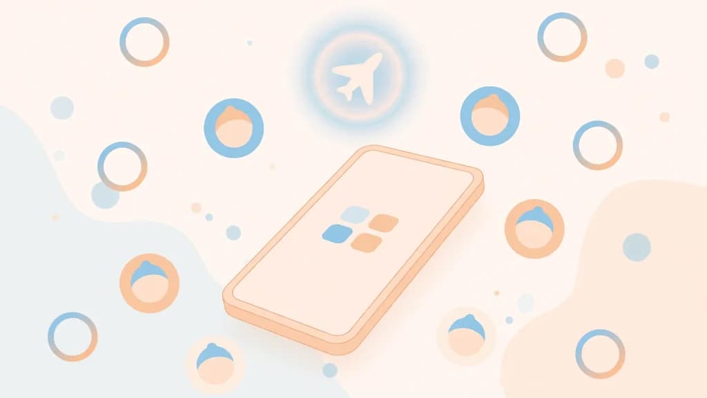 Smartphone with airplane mode icon and Instagram story rings, flat illustration