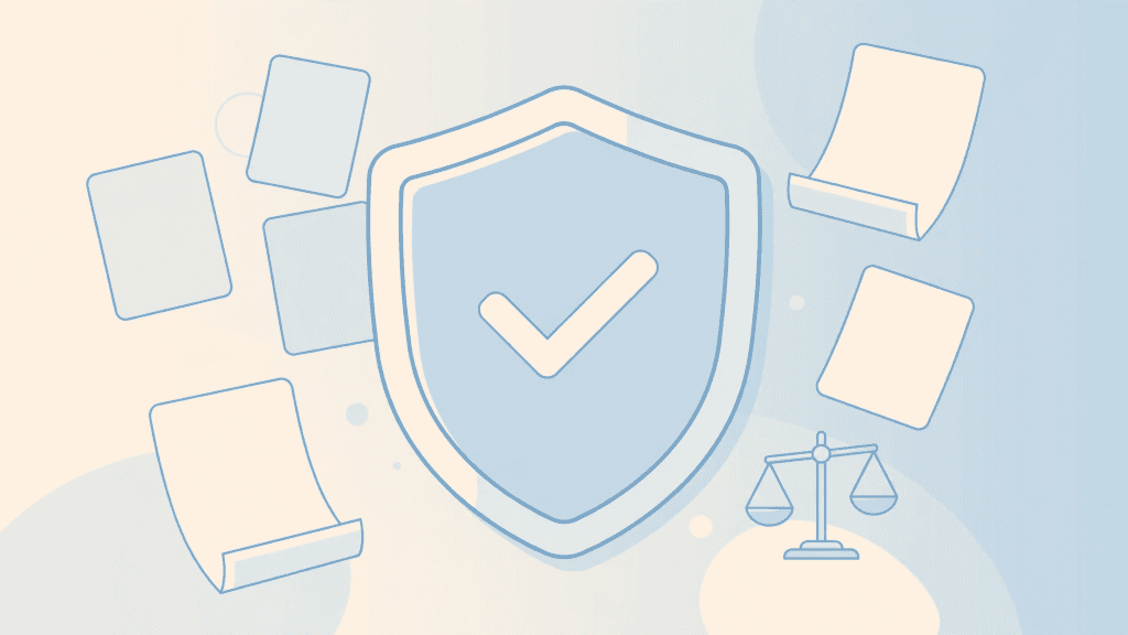 Shield with checkmark and legal documents illustration for Instagram story viewer legality guide